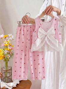 2pcs/Set Setelan Anak Perempuan Manis dan Imut dengan Atasan Camisole Berhiaskan Pita dan Renda, Celana Bergaris Pink Putih, Musim Panas - MultiWarna - View 1