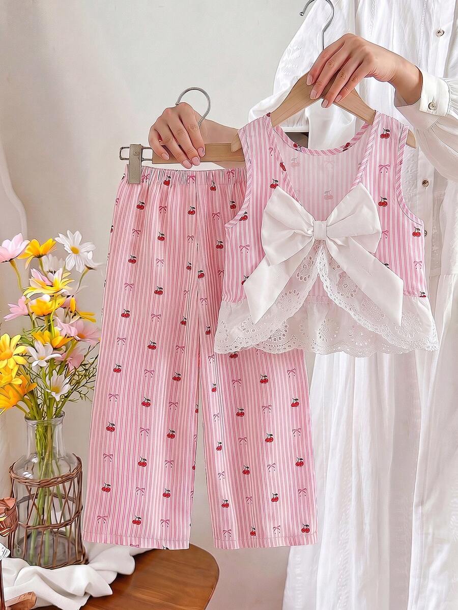 2pcs/Set Setelan Anak Perempuan Manis dan Imut dengan Atasan Camisole Berhiaskan Pita dan Renda, Celana Bergaris Pink Putih, Musim Panas - MultiWarna - View 1