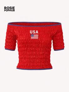 ROSIE POPHUB Women's Red Us Print Cold Shoulder Top, Ruched Waist Short T-Shirt, World Cup Football, Summer Daily, Party, Beach, Vacation - Red - View 8