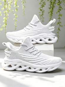 1 Pair White Lightweight Breathable Mesh Sock Shoes With Hollow Blade Sole, Casual Versatile - White - View 5