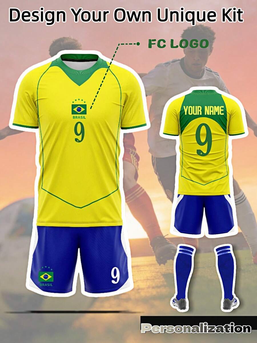 Brazil Home Retro Soccer Jersey Set (T-Shirt And Shorts), Customizable With Name And Number Sports Summer - Yellow - View 1