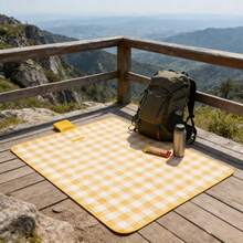 1pc Yellow & White Plaid Sand-Proof Picnic Mat, Orange Border, Foldable Durable Non-Woven Fabric, Suitable For Camping, Hiking And Outdoor Activities, Camping Essential, Plaid Pattern, Durable Canvas Material, Camping Accessory - Multicolor - View 8