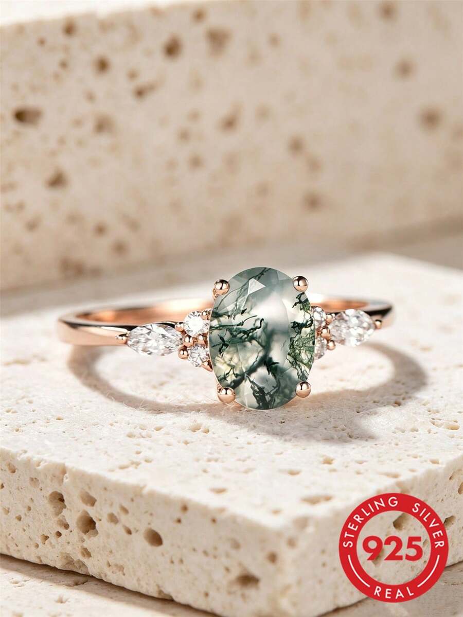 1 pieza Anillo de plata de ley 925 con malaquita ovalada y circonita cúbica engastada en 4 garras, regalo elegante para mujer de compromiso, boda, aniversario, anillo de promesa - Oro rosa - Ver 1