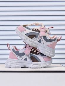 1 Pair Colorblock Kids Chunky Sneakers, Unisex Toddler Hook And Loop Lightweight Sports Shoes, Breathable Non-Slip Soft Sole Casual Running Shoes - Brown - View 4
