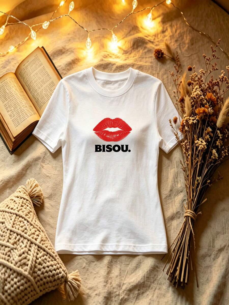 Bisou Kiss Lip Graphic Print Cotton Tee - Aesthetic Romantic Illustration Top - Chic Casual Shirt For Summer Daily Chic Styling Looks - White - View 1
