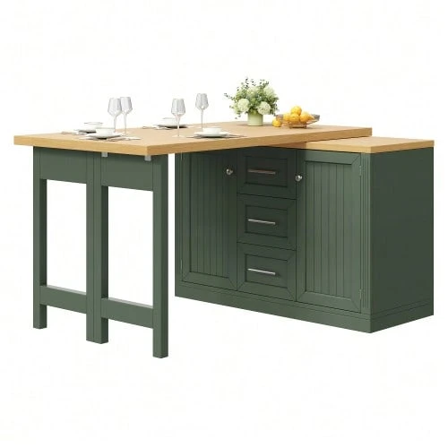 Isla de cocina multifuncional con tablero extensible, encimera convertible, estantes ajustables 360°, estante para aperitivos, cierre magnético y amplio cajón. Diseño moderno, color blanco. - Verde - Ver 1