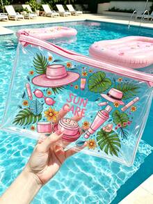 「Sun Protection」印花 PVC 化妝包，拉鍊式 PVC 旅行收納袋，輕量且耐褪色，TSA 合規易攜帶，易擦拭清潔，適合送給老師或朋友的禮物，也是學校假期旅行必備的防水盥洗包 - 彩色 - 查看 3