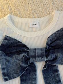 2pcs Set Baby Girl Sweet Korean Style, 3D Large Bow Decor Flutter Sleeve Long Sleeve Top With Ruffle Cuff Detail, Paired With Split Bow Decor Flare Long Pants With Elastic Waist, Lively And Playful Design, Suitable For Daily Wear, Outdoor Activities, Photo Shoots And Gatherings, Creating Cute Baby Outfit, Perfect For Spring And Autumn - White - View 4