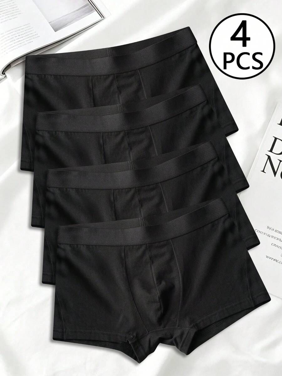 4pcs Black Cotton Men's Breathable Boxer Briefs Underwear