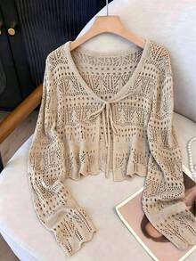 2026 New Sweet Style Sunscreen Cardigan, Hollow Crochet V-Neck With Ties, Short Long-Sleeve Top - Khaki - View 2