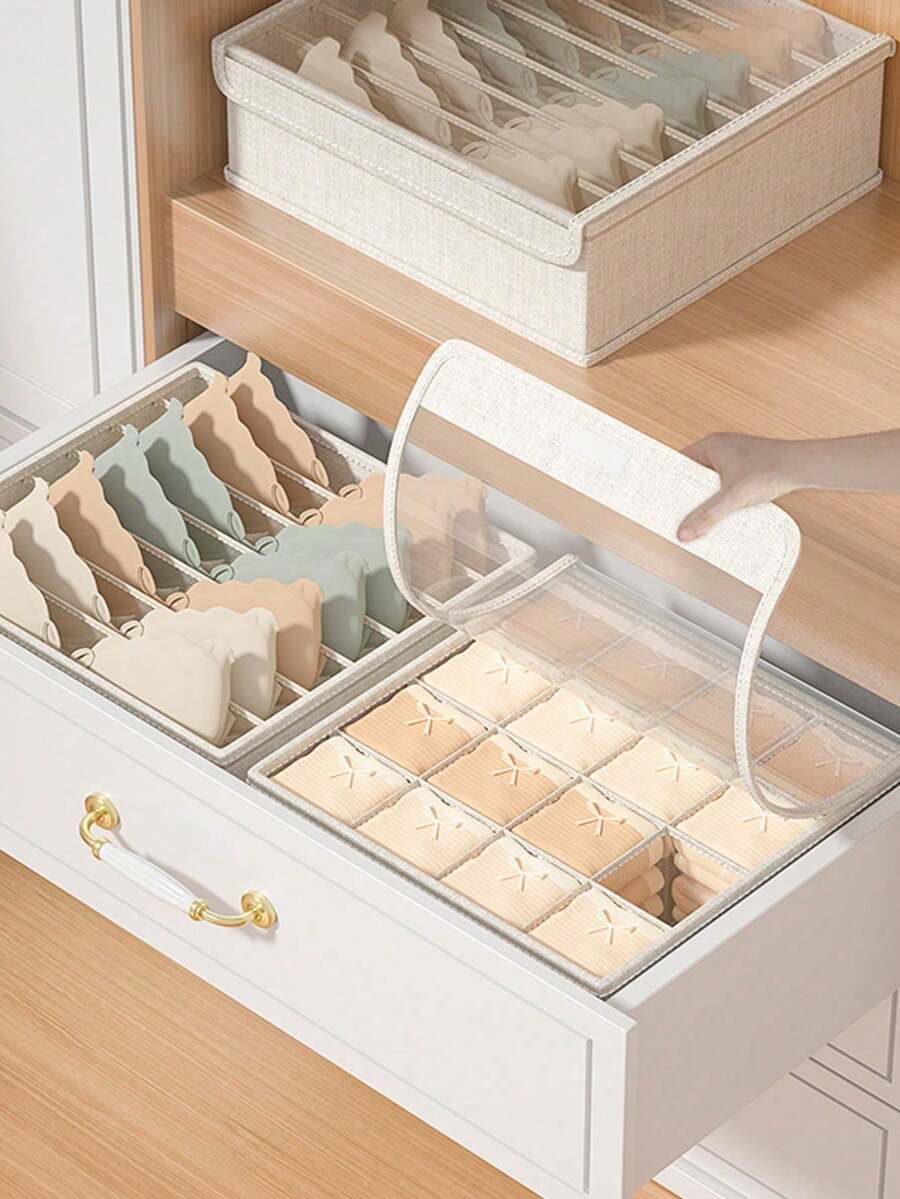 1pc Foldable Drawer Storage Box Set With Lid And Hook And Loop, Space-Saving Underwear Bra Socks Organizer, Suitable For Closet And Dorm, Natural Beige, Suitable For Easter, Wardrobe Storage,Bedroom Room Decor,Back To School - Beige - View 1