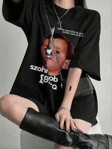 女款圓領短袖T恤，夏季新款人像圖案與字母印花，時尚休閒百搭寬鬆上衣黑色 - 黑色 - 查看 1