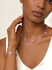 2 pezzi/Set Gioielli in acciaio inossidabile da donna, collana con ciondolo a fiore rosa e bracciale, regalo per la festa della mamma, compleanno, vacanza - Multicolore - Visualizzare 1