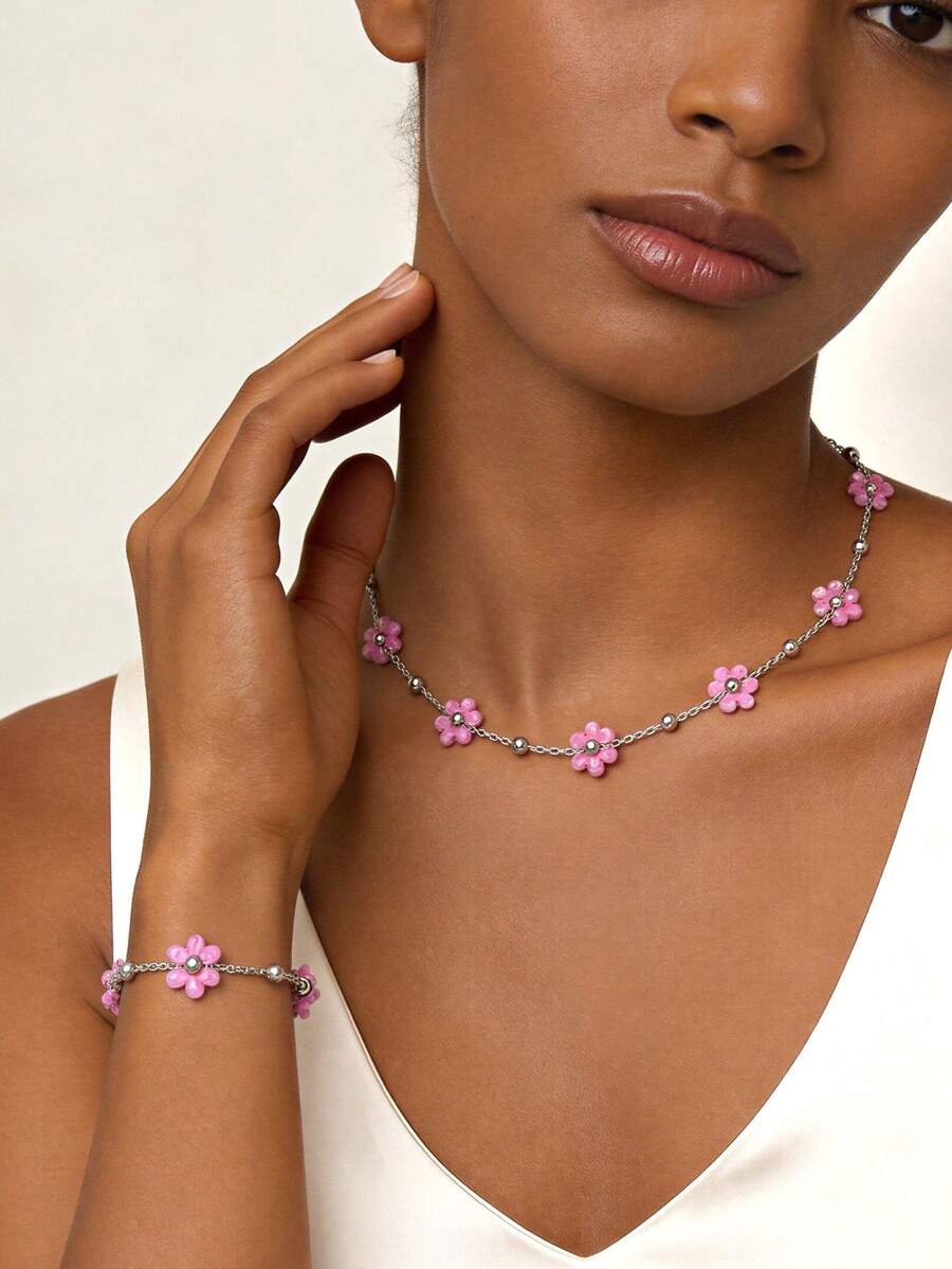 2 pezzi/Set Gioielli in acciaio inossidabile da donna, collana con ciondolo a fiore rosa e bracciale, regalo per la festa della mamma, compleanno, vacanza - Multicolore - Visualizzare 1