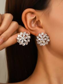 1 par de pendientes de mujer con forma de flor en tono dorado con circonita brillante, adecuados para bodas, fiestas y otras ocasiones importantes - Dorado - Ver 1