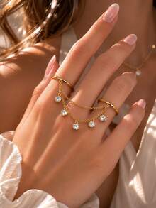 STONEFANS 1 pieza Nuevo anillo multicapa para mujer, diseño de nicho, accesorio de anillo de dedo versátil de moda minimalista exquisita - Dorado - Ver 1