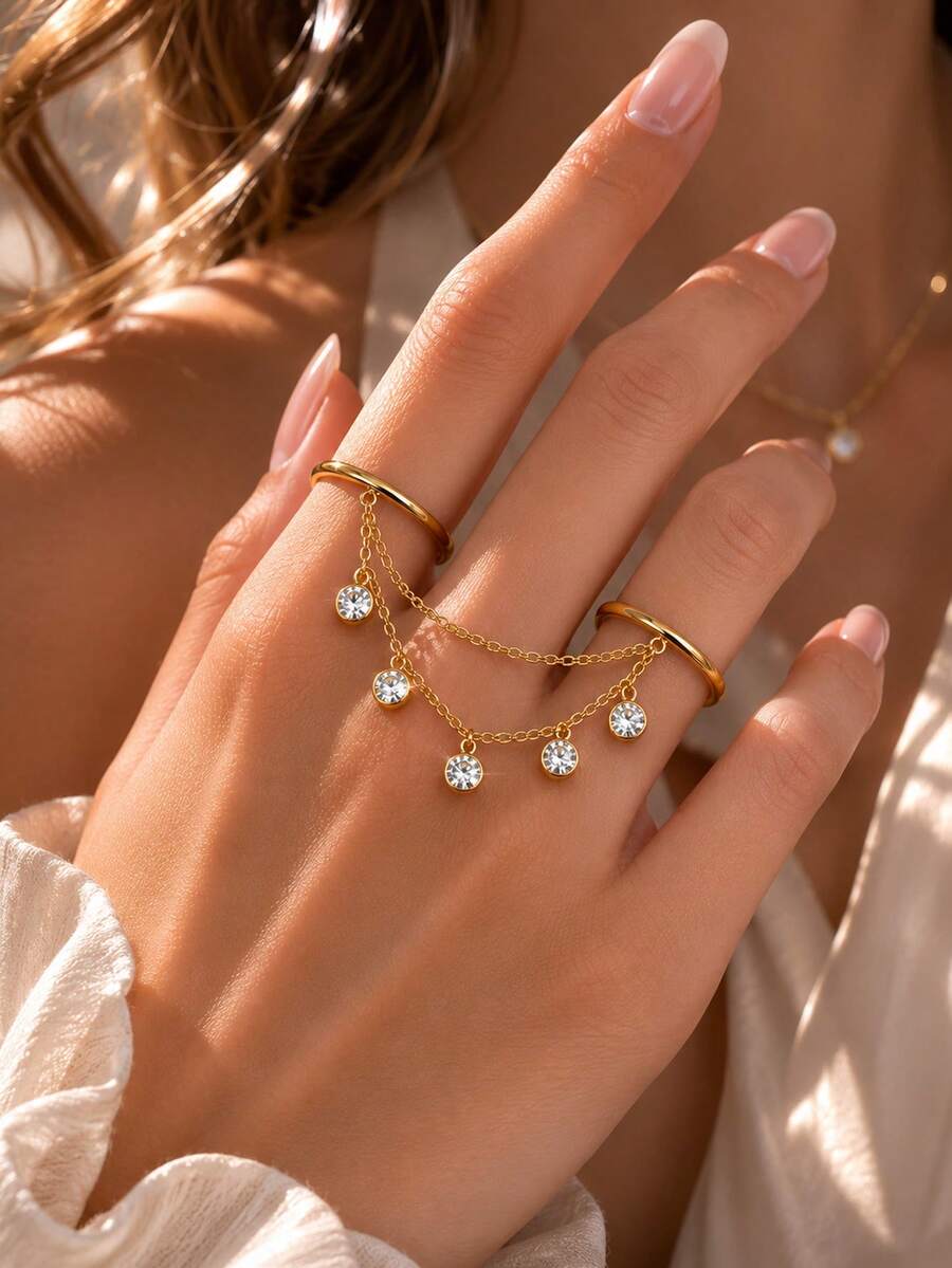 STONEFANS 1 pieza Nuevo anillo multicapa para mujer, diseño de nicho, accesorio de anillo de dedo versátil de moda minimalista exquisita - Dorado - Ver 1