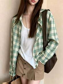 Korean Style Green Plaid Shirt Jacket Women Spring Loose Casual Relaxed Long Sleeve Sun Protection Thin Cardigan Top - Green - View 4