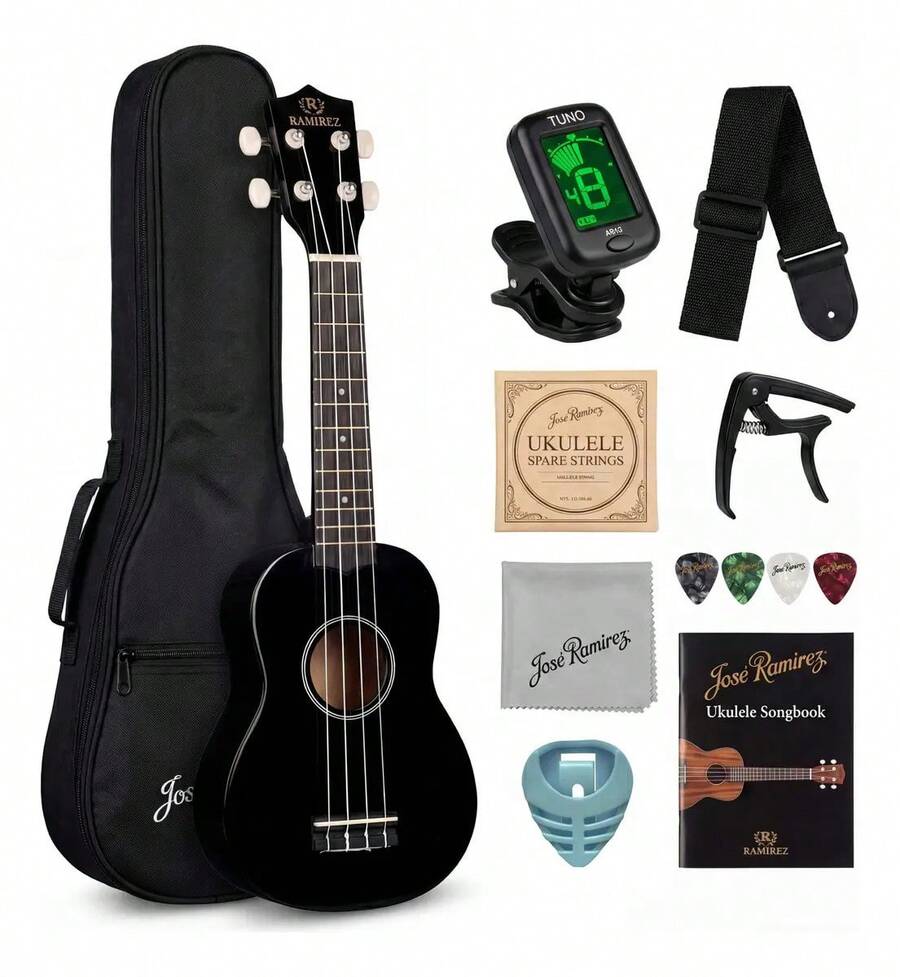 21in Soprano Acoustic Ukulele Kit Instruments With Tuner, Strap, 4 Strings, And Case - Concert Ukulele