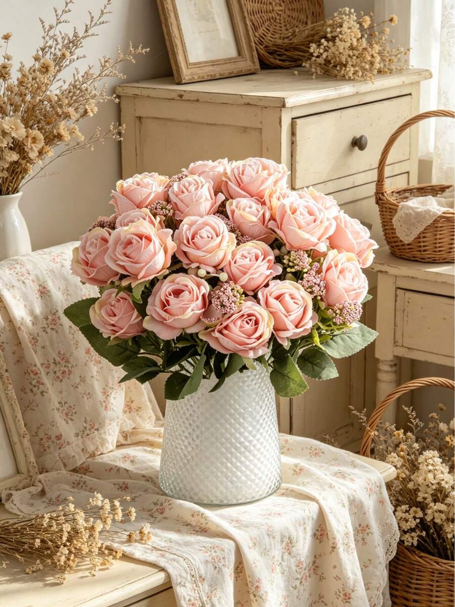 1/3 Pcs Artificial Silk Rose Bouquet Simulation Foam Fruit, Spring Autumn Decoration, Valentine's Day Bridal Bouquet Wedding Vase, For Home, Room, Restaurant, Bedroom, Bathroom, Kitchen Decor - Baby Pink - View 1