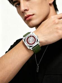 VA VA VOOM Jam Tangan Pria Sporty Bentuk Persegi Berongga dengan Mekanisme Putar, Kombinasi Warna Merah Hitam + Skala Segi Empat Bercahaya, Jam Tangan Pria Modis, Cocok untuk Aktivitas Luar Ruangan Sehari-hari - Gaya putar dial - View 6