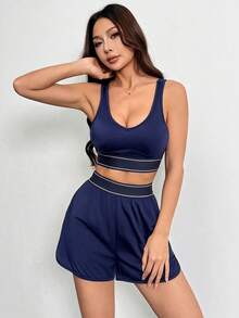 2pcs Women's Casual 2 Pieces Set V-Neck Cropped Top And Elastic Waist Shorts Sports - Blue - View 5