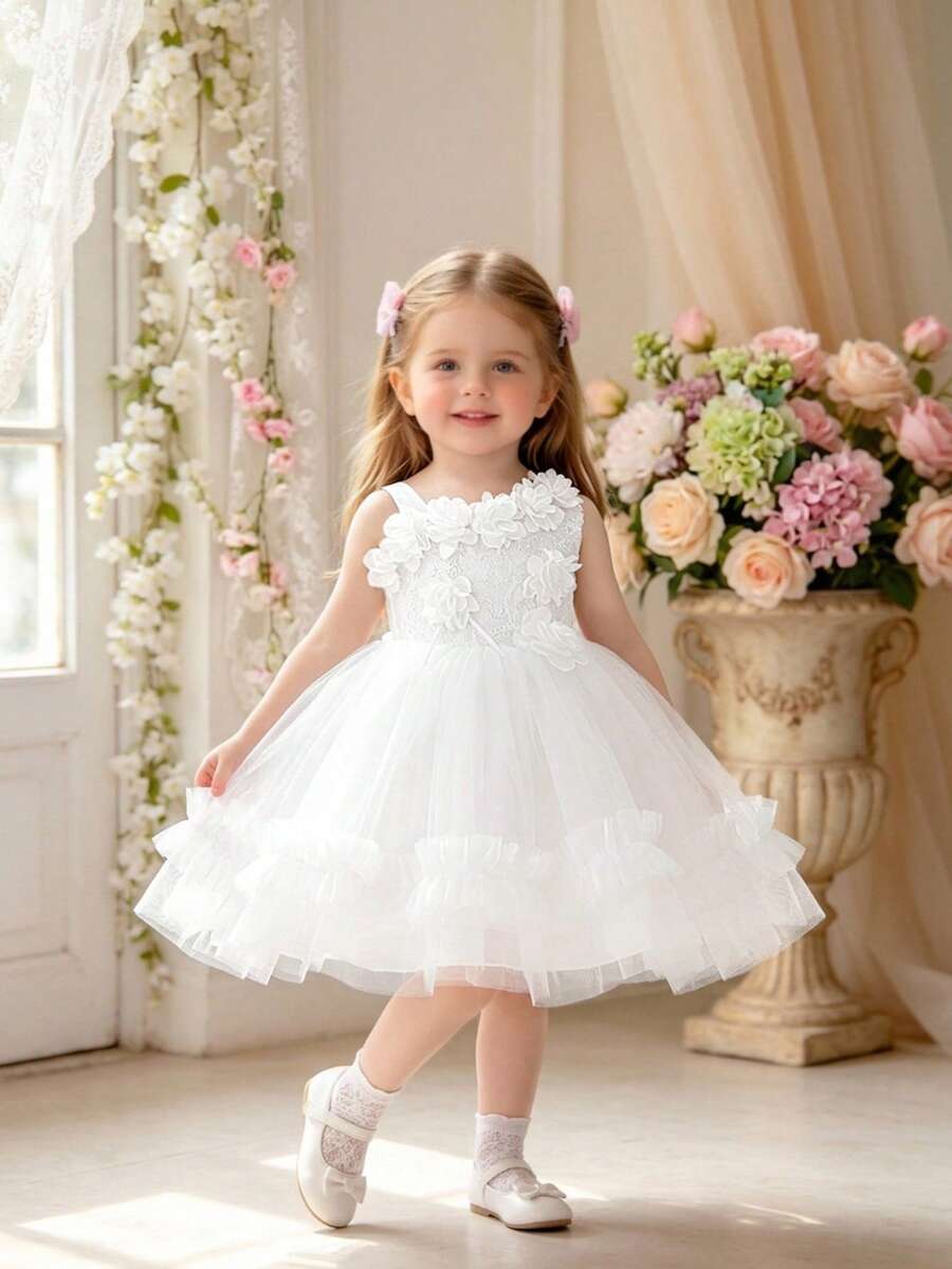 Baby Girls Sleeveless 3D Floral Embroidered Sequin Mesh Cute Wedding Flower Girl Puffy Dress, Headband Not Included - White - View 1