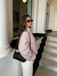 Women's Pink Front Button Jacket, Elastic Hem, Raglan Sleeves, Autumn Outerwear - Pink - View 7