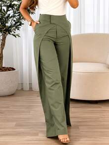 Autumn/Winter Asymmetrical Criss-Cross Design Casual Wide Leg Structured Pants For Women Olive Green Straight Leg Trousers With Pockets Professional Office Long Pants - Green - View 2