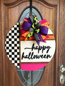 Halloween Front Door Hangings, Halloween Checkered Wreaths, "Happy Halloween" Wreaths, Front Door Decorations, 3D Wreaths, Vintage Home Decor, Outdoor Porch Wooden Signs, Gifts - Multicolor - View 5