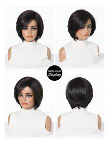 8 Inch Straight Low Curvature Heat Resistant Synthetic Bob Wig Natural Black Layered Side Part Short Wigs For Women Daily Office Wear - Multicolor - View 4