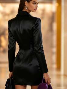 Women's High-End Commuting Robe, Elegant Satin Emerald Green Suit Dress With 3D Leaf Print And Double-Breasted Design, Lined - Black - View 3