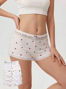 Aesletic 4pcs/Pack Women's Romantic Printed Panties, Lace Patchwork Design - Multicolor - View 1