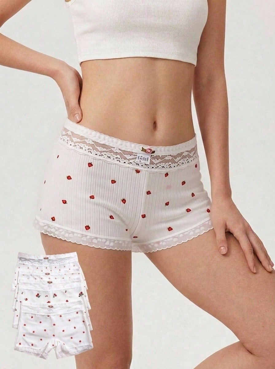 Aesletic 4pcs/Pack Women's Romantic Printed Panties, Lace Patchwork Design - Multicolor - View 1