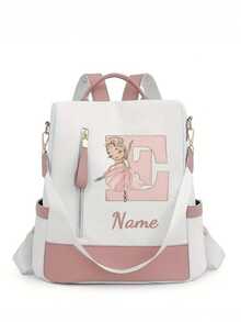 Personalized Custom Name A-Z 26 English Letters Premium Backpack, Fashion Anti-Theft Versatile Large Capacity Travel School Bag, Exquisite Cute Pink Ballet Girl Pattern Fashion Contrast Color Design Lightweight Large Capacity, Perfect For Daily Outings, Work Commute, School - White and Pink - View 36