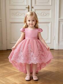 Baby Girls' Satin & Tulle Trailing Puff Dress With Bow Back, Elegant & For Birthday Party, Excluding Headband - Dusty Pink - View 6