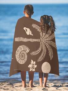 1pc Vintage Coconut Tree & Shell Print Beach Towel, Modern Style Fiber Rectangular Travel Home Beach Towel, Suitable For Swimming, Diving, Summer - Multicolor - View 3