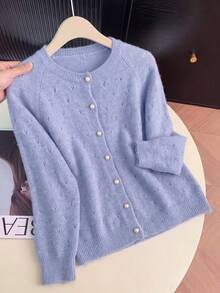 Women's Light Purple Mohair Blend Cardigan, Hollow Heart Pattern Loose Drop Shoulder Long Sleeve Pearl Buttons, French Gentle Style Suitable For Autumn/Winter Daily Versatile Layering - Purple - View 7