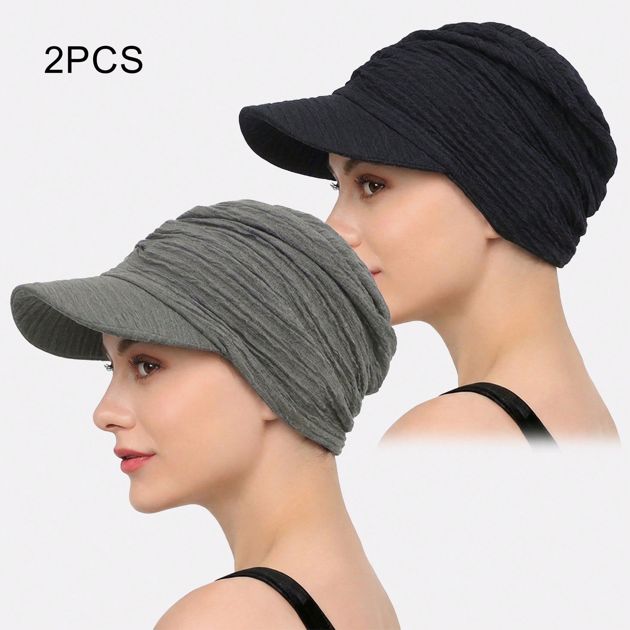 2pcs Women's Pleated Brim Headscarf Cap Duck Bill Flat Top Sun Hat, Suitable For Daily Use, Multi-Color Options, Breathable Polyester Fiber Solid Color