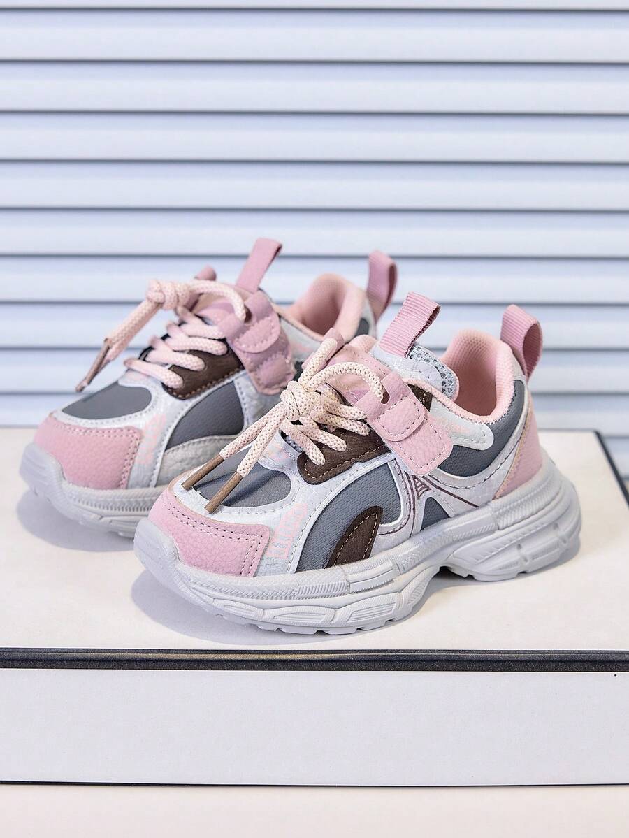1 Pair Colorblock Kids Chunky Sneakers, Unisex Toddler Hook And Loop Lightweight Sports Shoes, Breathable Non-Slip Soft Sole Casual Running Shoes - Brown - View 1