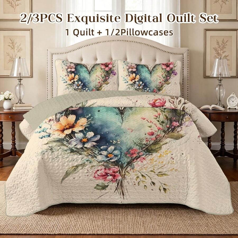 2/3 件套床上用品(1 件床罩 + 1/2 件枕套),数字心形和花卉印花,柔软舒适,时尚清新,适合酒店、卧室、宿舍、所有季节 - 彩色 - 查看 1