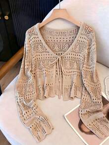 2026 New Sweet Style Sunscreen Cardigan, Hollow Crochet V-Neck With Ties, Short Long-Sleeve Top - Khaki - View 11