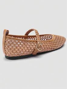ADAMUMU Women's Fashion Flat Hollow Mesh Embroidery Ballet Mary Jane Shoes, Lightweight Mesh Fabric, Elegant Buckle, Comfortable Breathable Stylish, Suitable For Daily Commute - Camel - View 6