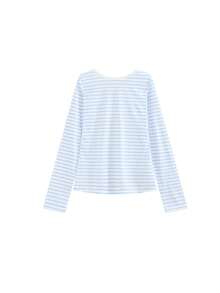 Kaos Lengan Panjang Bergaris Leher V Warna Biru Malas untuk Perlindungan Matahari Wanita, Atasan Penutup Tipis Longgar Musim Semi dan Musim Panas - Biru - View 5