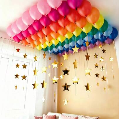Conjunto de Decoração com Balões Arco-Íris 92 peças/Set, Inclui Rosa, Magenta, Verde, Roxo, Amarelo, Laranja, Azul, Vermelho, Azul Macaron, Decorações Penduradas com Estrelas Douradas, Adequado para Aniversário, Cena de Pedido de Casamento/Confissão, Decoração de Balões para Teto, Decoração de Ambiente Festivo para Sala de Estar, Adereços de Fundo Fotográfico Romântico e Sonhador, Decoração Festiva Interior/Exterior, Celebração do Primeiro Aniversário/100 Dias
