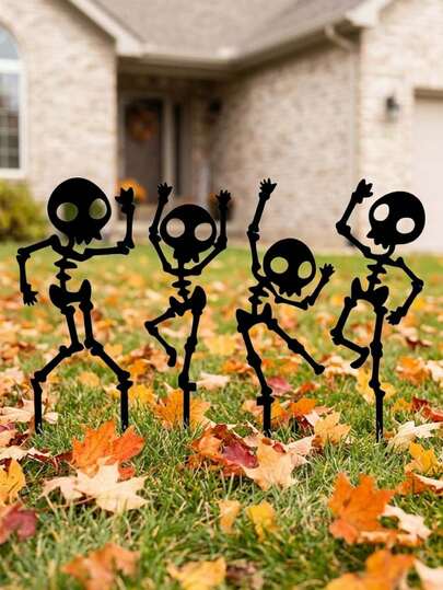 [2D Flat]4 Packs Of Metal Dancing Skeleton Metal Garden Art, Halloween Yard Decor, Spooky Skeleton Lawn Ornaments, Outdoor Metal Skeleton Sign, Garden Skeleton Stake