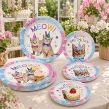 10/20/50 Stück süße Katzen-Miau-Muster Einweg-Pappteller, rosa & blaues Kätzchen-Party-Thema, Macaron-gestreifte süße Kätzchen-Party-Hut-Pfoten-Muster-Herz-Muster-Teller, geeignet für Geburtstag, Katzenliebhaber-Treffen, Babyparty, Gartenparty - Katze - Übersicht 7