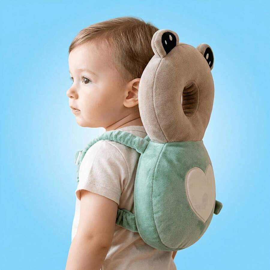 A Soft Baby Carrier Backpack With An Adjustable Plush Backrest In The Shape Of A Cartoon Animal, Made Of Colorful Polyester Fiber. - Green Frog - View 1