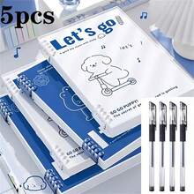 5pcs Set Including 1 Spiral Notebook + 4 Pens, 60 Sheets Per Notebook, Cute Puppy Design, Comfortable Writing, Waterproof Cover, Replaceable Inner Pages, High-Quality College Ruled Perforated Paper - Thick Lined, Easy Tear-Off For Note-Taking And Study Organization - Puppy - View 1