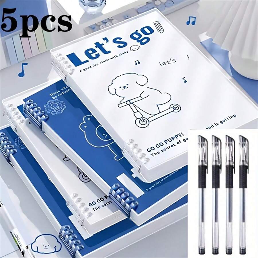 5pcs Set Including 1 Spiral Notebook + 4 Pens, 60 Sheets Per Notebook, Cute Puppy Design, Comfortable Writing, Waterproof Cover, Replaceable Inner Pages, High-Quality College Ruled Perforated Paper - Thick Lined, Easy Tear-Off For Note-Taking And Study Organization - Puppy - View 1